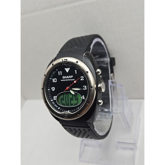 Sharp Analog Digital Quartz Sport Watch 5 ATM Black Rubber Band New Battery Mens - Picture 2 of 12